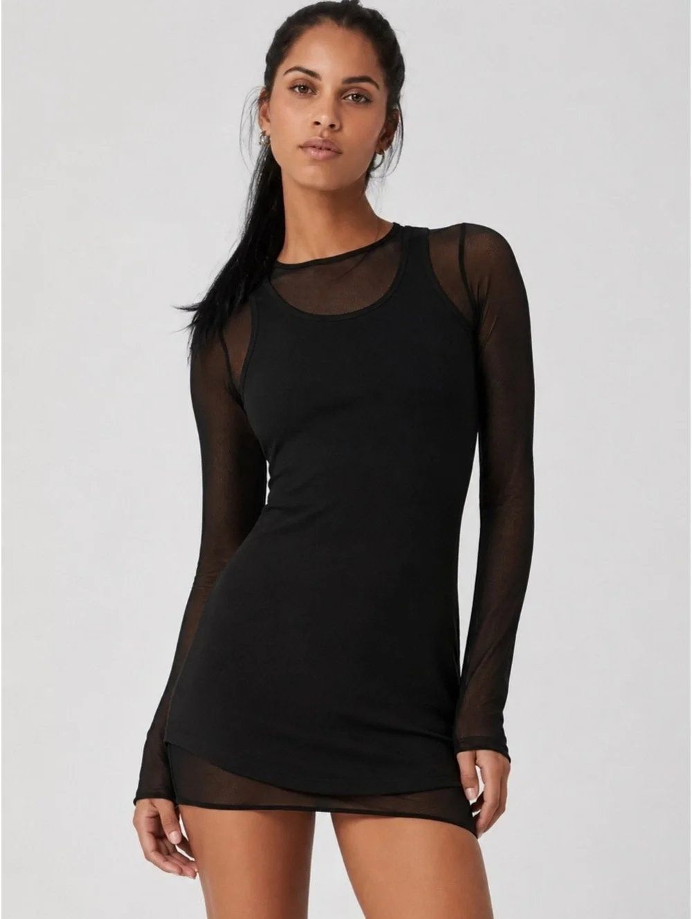 ALO Striped Mesh Synergy Long Sleeve Dress Black Women’s XS